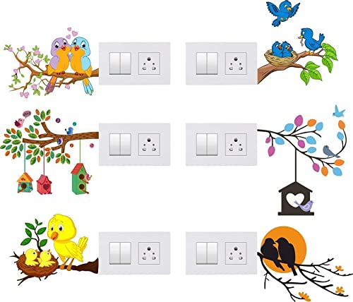 Byteon PVC Vinyl Decorative Small Switch Panel/Board Self Adhesive Abstract Wall Sticker of Colorful Sweet Flying and Sitting Om Next Bird House Decal (Multicolor)