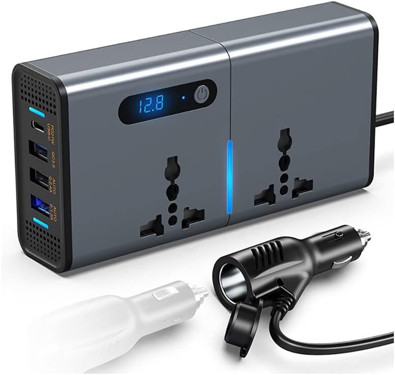 Elterazone 200W Car Power Inverter, DC 12/24V to 220V AC, 3 USB + 1 Type-C Ports Car Plug Converter with Switch & Current LED Screen, 200W Power Inverter (Silver Grey)