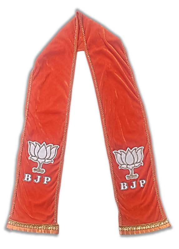 UNIqUNIq Bharatiya Janata Party - BJP Two-Layer Velvet Handmade Crystal Stone Studded with Golden Border BJP Logo on Both Sides with Ribbon - 60 Inches Size