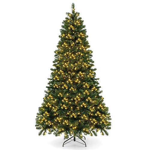 Goplus 7FT Pre-lit Christmas Tree, Premium Hinged Spruce Tree, with 700 LED Light and Metal Stand, Xmas Tree for Holiday Indoor Decor