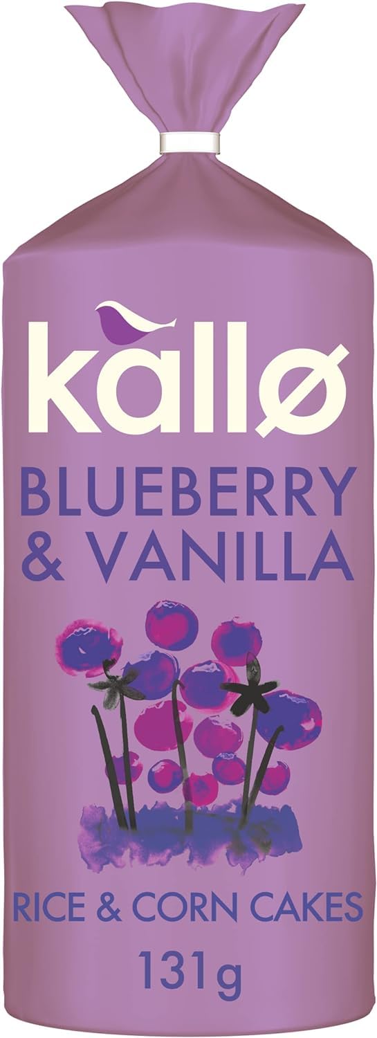 Kallo Blueberry & Vanilla Corn & Rice Cakes, Wholegrain Low Fat Healthy Snacks for Adults & Children, Vegan Friendly, Gluten Free, No Artificial Flavours or Preservatives, Single Pack – 1 x 131g