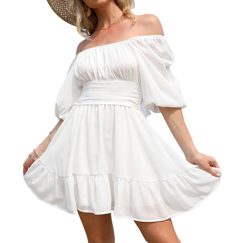 EXLURAWomen's Lantern Sleeve Tie Back Summer Dress Ruffled Off Shoulder A-Line Vintage Mini Dress