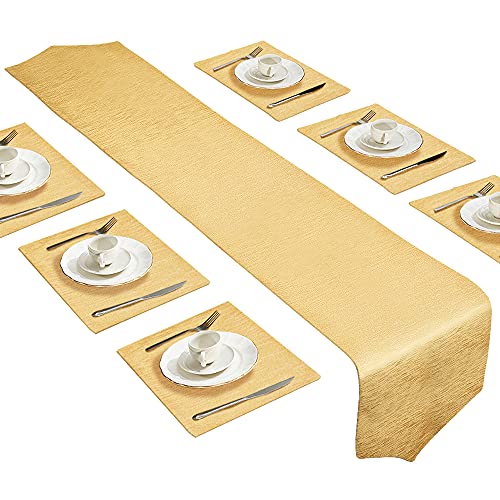 Dubulle Gold Table Runner and Placemats Set of 6 for Kitchen Dining Table Farmhouse Style Thick Cotton Linen Double Layer Heat Resistant Washable Table Runner Place Mats Set