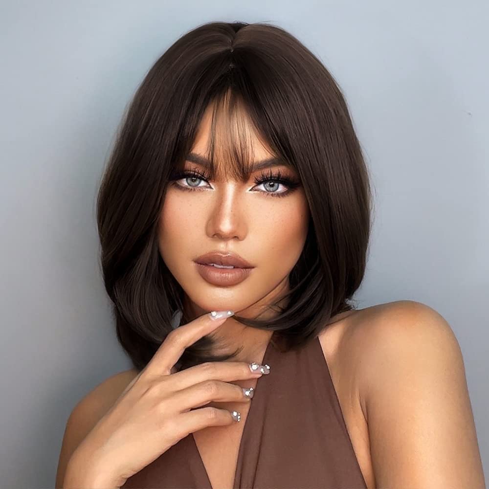 Short Brown Bob Wig With Bangs,Shoulder Length Wigs for Women Short Wavy Women's Wigs Natural Looking Heat Resistant Synthetic Wigs Natural Enough to Meet Your Daily Use