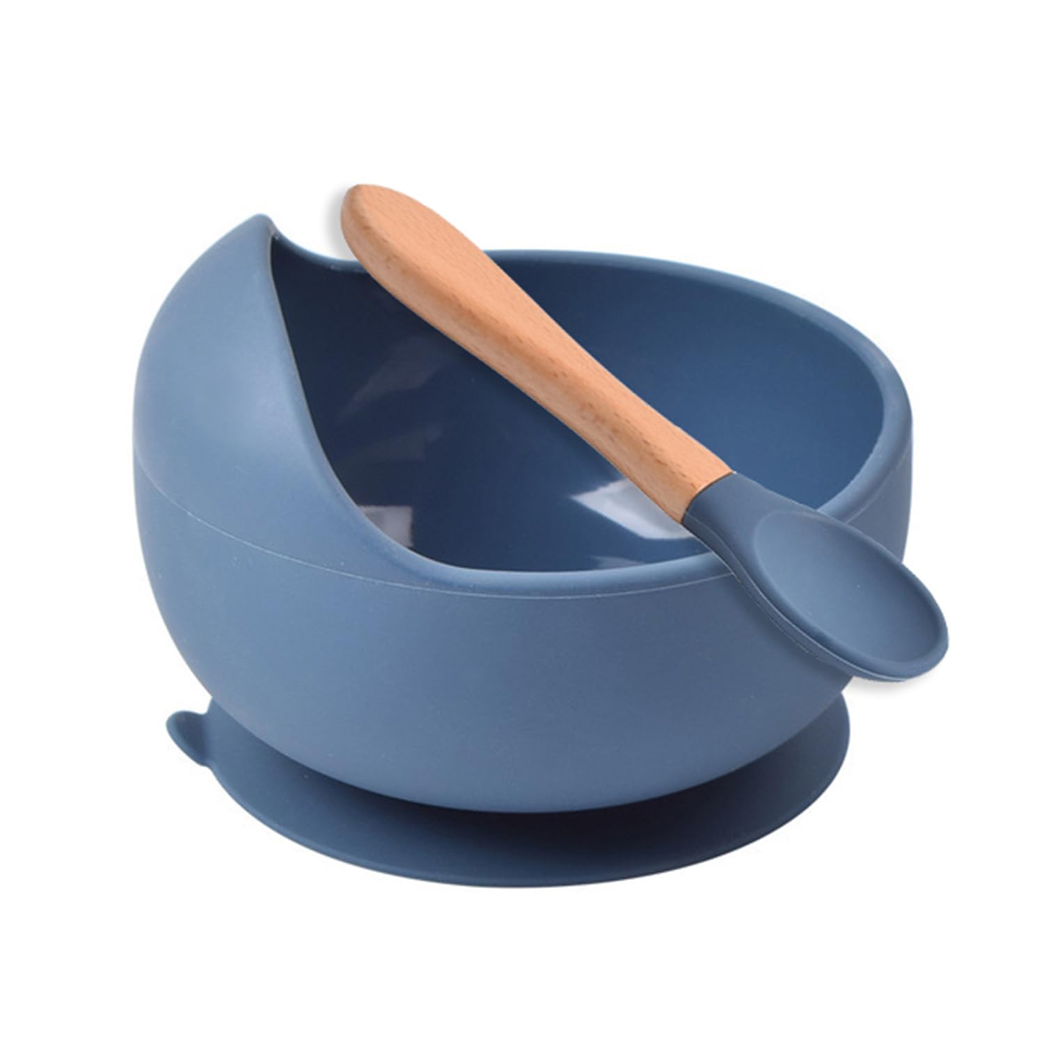 HEXONIQ® Baby Feeding Bowl & Spoon Weaning Set, Food Grade Silicone Suction Cup Bowl & Wooden Spoon with Stay Put Silicone Suction Bowl, Gift for Toddler Children Girls Boys (Dark Blue)