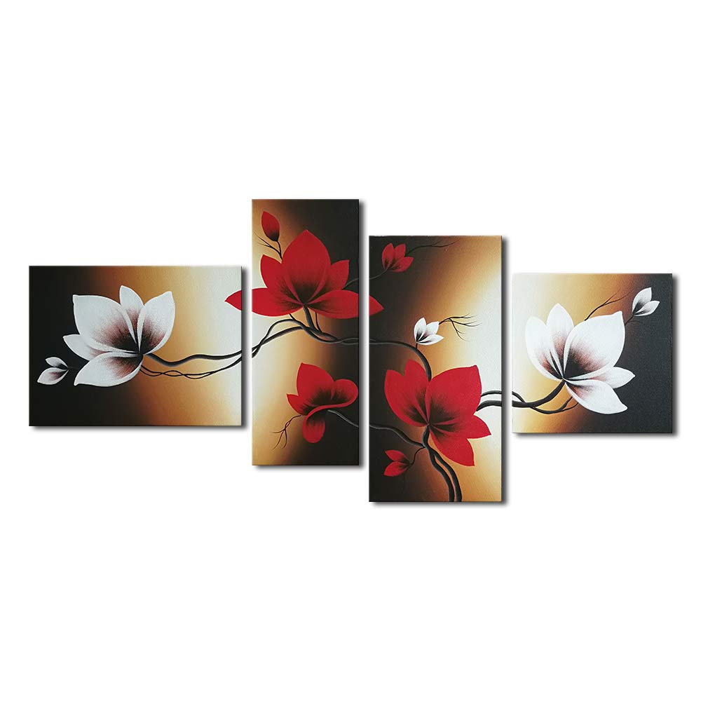 Wieco Art - the Back Full Bloom in Spring Red Flowers 4 Piece 100% Hand Painted Flowers Artwork Floral Oil Paintings on Canvas Wall Art for Living Room Bedroom Home Decorations