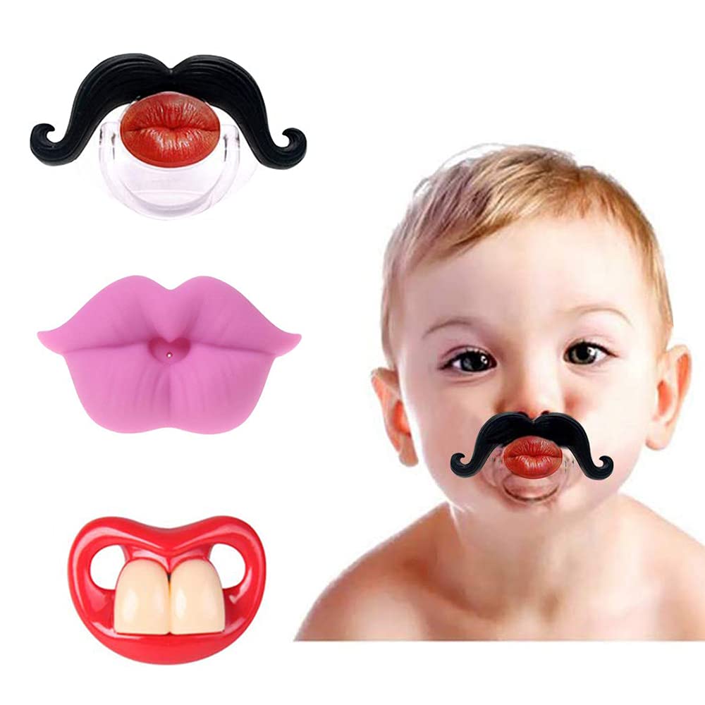 Cluckyu Baby Funny Pacifier Cute Kissable Mustache Pacifier for Babies and Toddlers Unisex - 0-6 Months Baby Orthodontic Mustache Pacifier BPA Free -Pack of 3