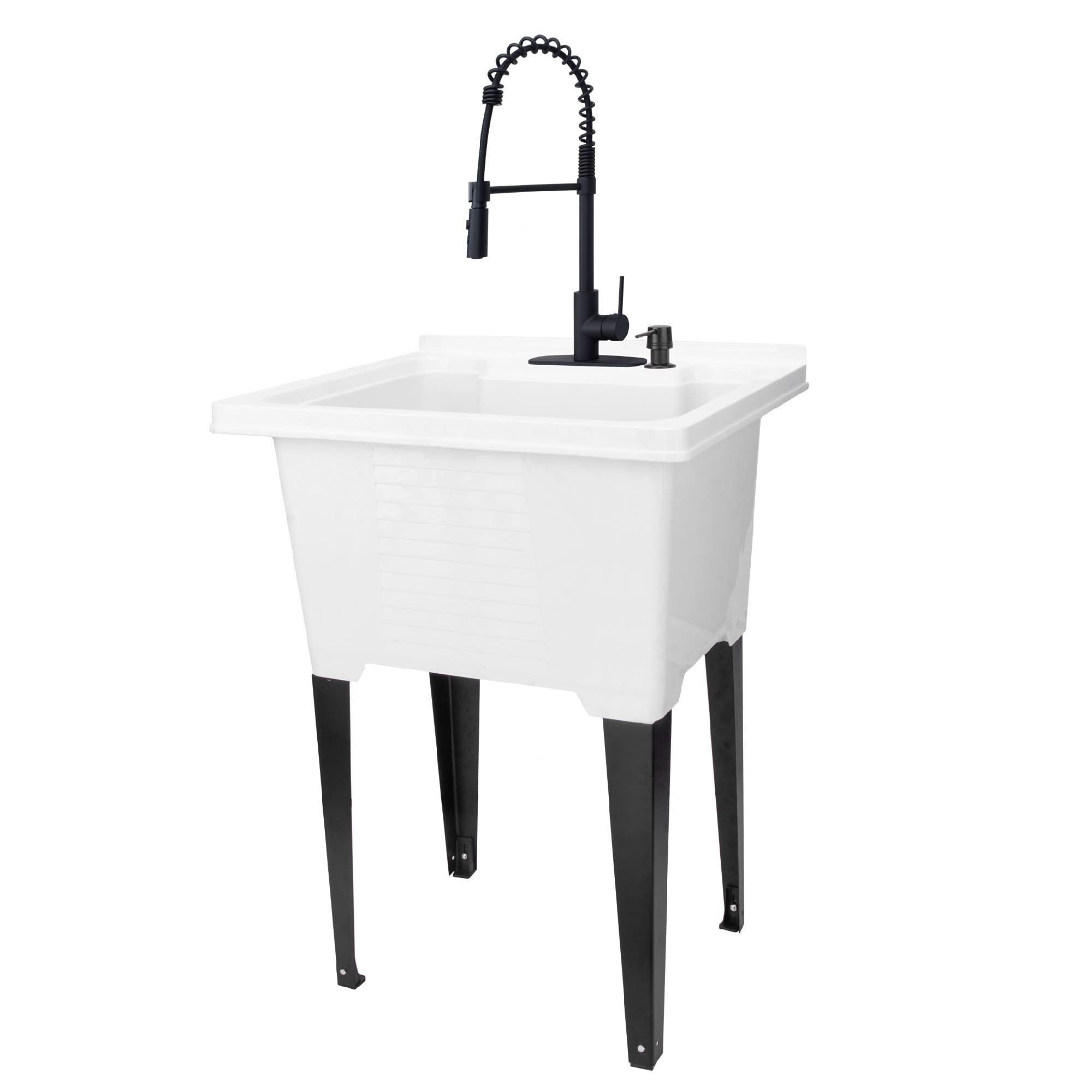 White Utility Sink by JS Jackson Supplies, Tehila Luxe Laundry Tub, Matte Black Hi-Arc Coil Faucet, Soap Dispenser