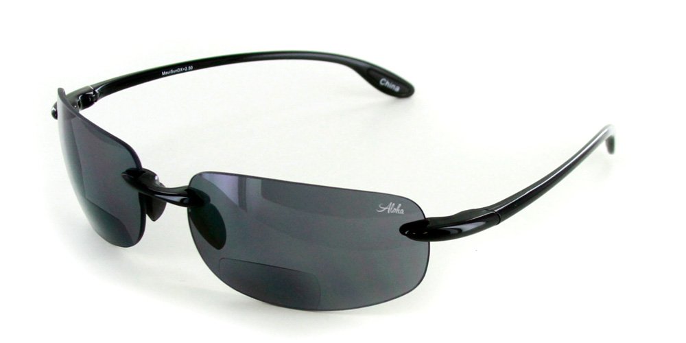 Aloha EyewearAloha Eyewear"Oahu Sun Deluxe" Wrap-Around Rimless Bifocal Sunglasses (Black w/Smoke +1.50)