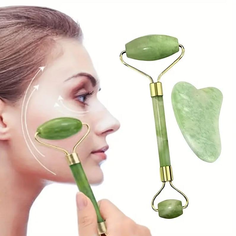 Jade Facial Roller and Gua Sha Tool Set, Original Natural Jade Stone for Face and Body Massage