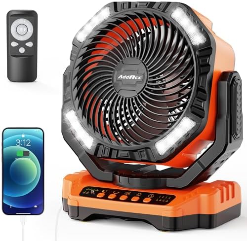 40000mAh Battery Operated Camping Fan, Rechargeable High Velocity Floor Fan, Auto Oscillation Remote Control Timer - Cordless Outdoor Fan for Car Travel RV Camp Garage Patio Hurricane Emergency