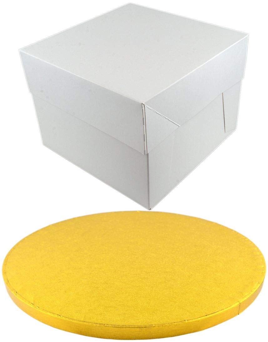 Doric ROUND COLOURED Drum cake BOARD and white transporting BOX (8 Inch, Gold)