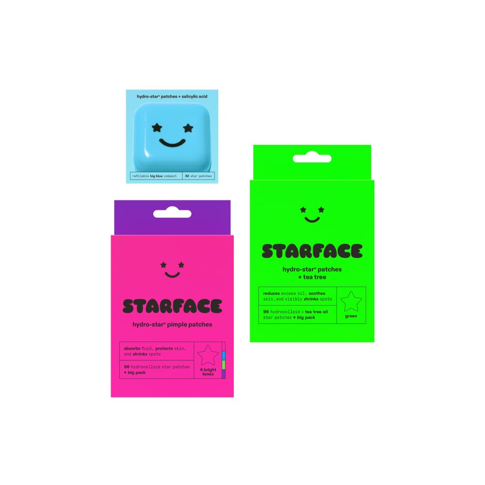 Starface Hydro-Star + Tea Tree Oil Patches Big Pack (96 ct), Party Pack Hydrocolloid Pimple Patches Big Pack (96 ct), and Hydro-Star + Salicylic Acid Patches (32 ct) with Big Blue Compact