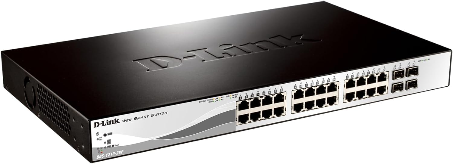 D-Link DGS-1210-28P 28-Port Gigabit Smart Managed Switch with 24 PoE 10/100/1000 Base-T Port and 4 1000Base-T/SFP Port, 193 W Power Budget, Enhanced L2 Switching and Security