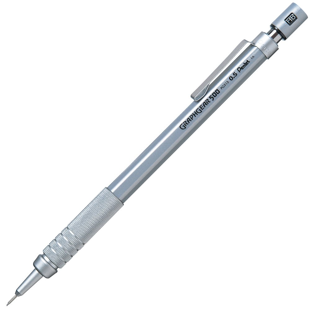 Pentel GraphGear 500 0.5 MM HB Mechanical Pencil | Lead Of Grade HB | Mini Interchangeable Eraser With Push Mechanism | Silver Plated Swing Grip | Pack Of 1 | Silver (PG515)