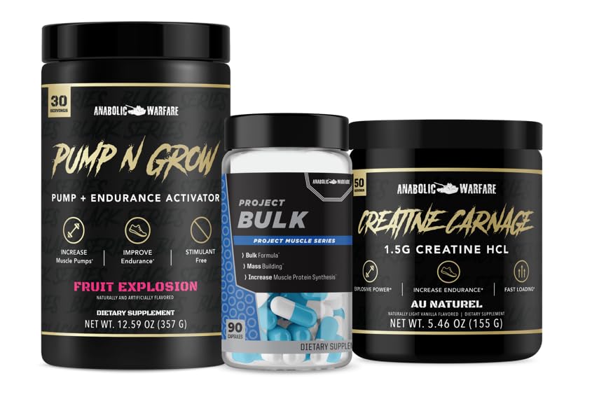 Non-Stimulant Muscle Building Stack: Pump-N-Grow Caffeine Free Pre-Workout, Project Bulk Mass Building Formula for Strength & Definition, Creatine Carnage Creatine HCL for Optimal Strength & Endurance