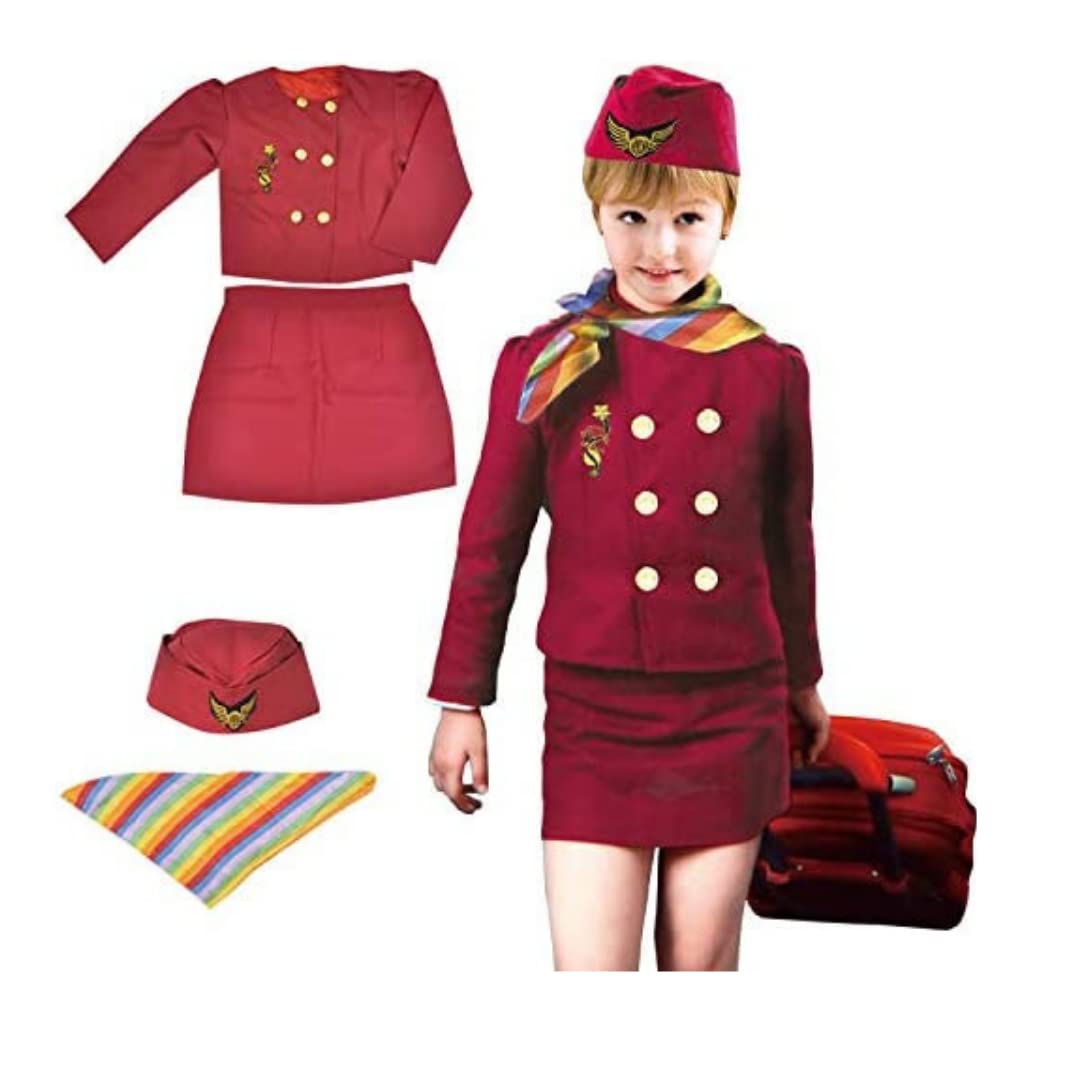 Fitto Girls Flight Attendant Dress Free Size Pretend Play Cabin Crew Uniform For Girls, Full Set with Skirt, Jacket, Hat Neck Scarf