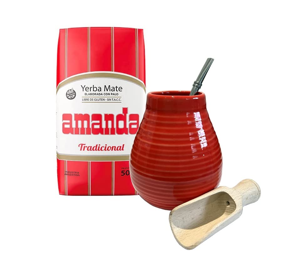 Amanda Yerba Mate Tea Set | Natural Strong Energy Drink | Mate Tea Complete Set | Begginer's Kit | Yerba Mate Amanda Elaborada Booster+GUARANA 500g|Ceramic Red Cup Gourd 350ml|Stainless Bombilla