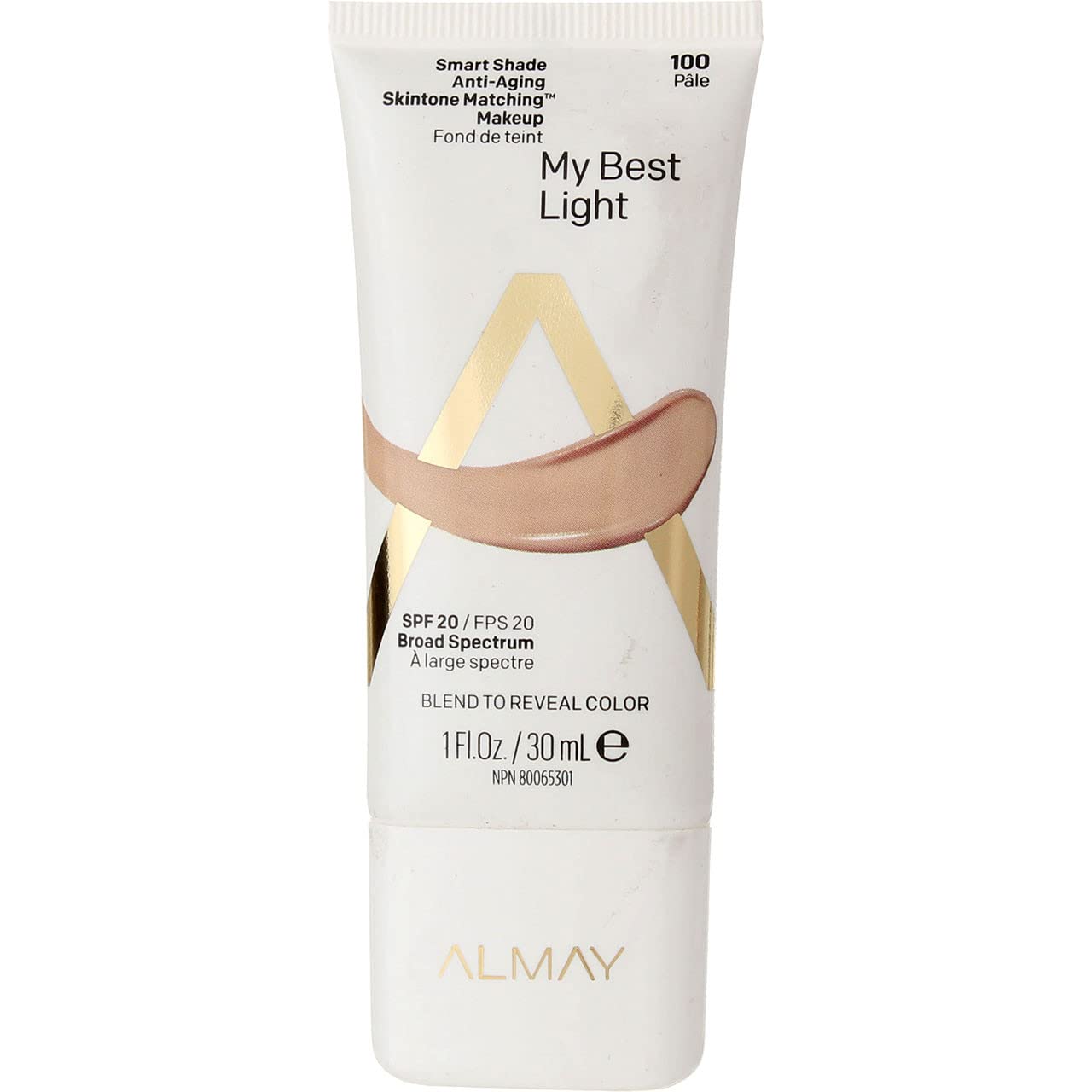 AlmayAnti-Aging Foundation, Smart Shade Face Makeup, Medium Coverage, Natural Finish with SPF 20, Hypoallergenic-Fragrance Free, Dermatologist Tested, 100 My Best Light, 1 Oz