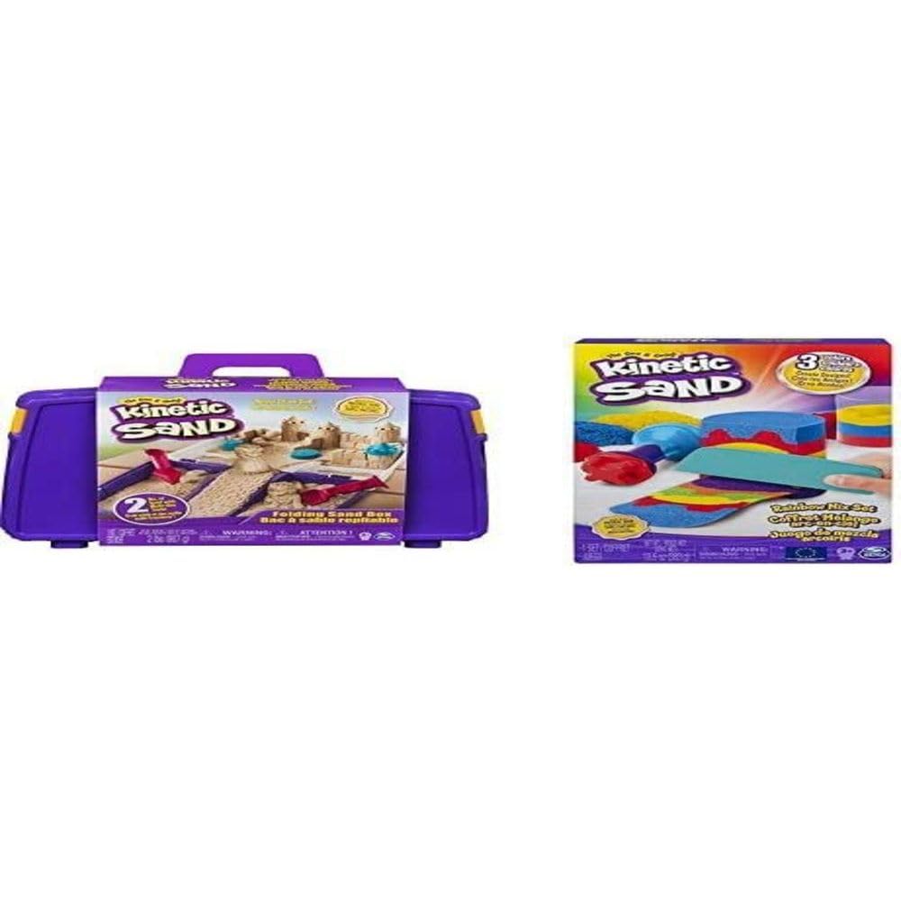 Kinetic SandFOLDING SANDBOX & Rainbow Mix Set with 3 Colours of Kinetic Sand (382g) and 6 Tools, for Kids Aged 3 and Up (Styles Vary)