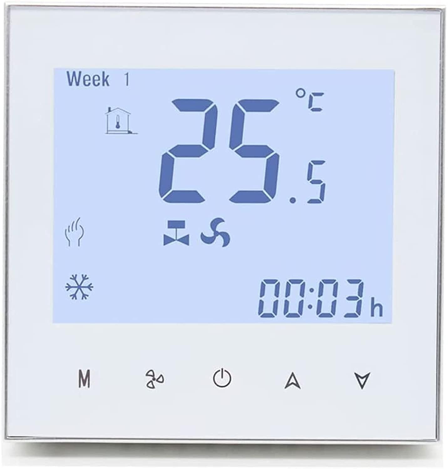 Eazyliv Wifi Tuya/Smartlife AC Smart Thermostat with Energy Saving FCU Central Air Conditioner Controller 95-240VAC (White Silver Frame)