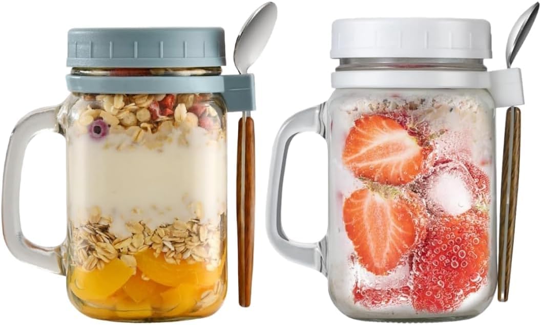 MEETOZ Overnight Oats Jars 2Pack,with Handle Lid and Spoon 16 oz Glass Mason Overnight Oats Jars,with Measurement Marks Portable Mason Jars with Lid for Cereal On The Go Container (2)