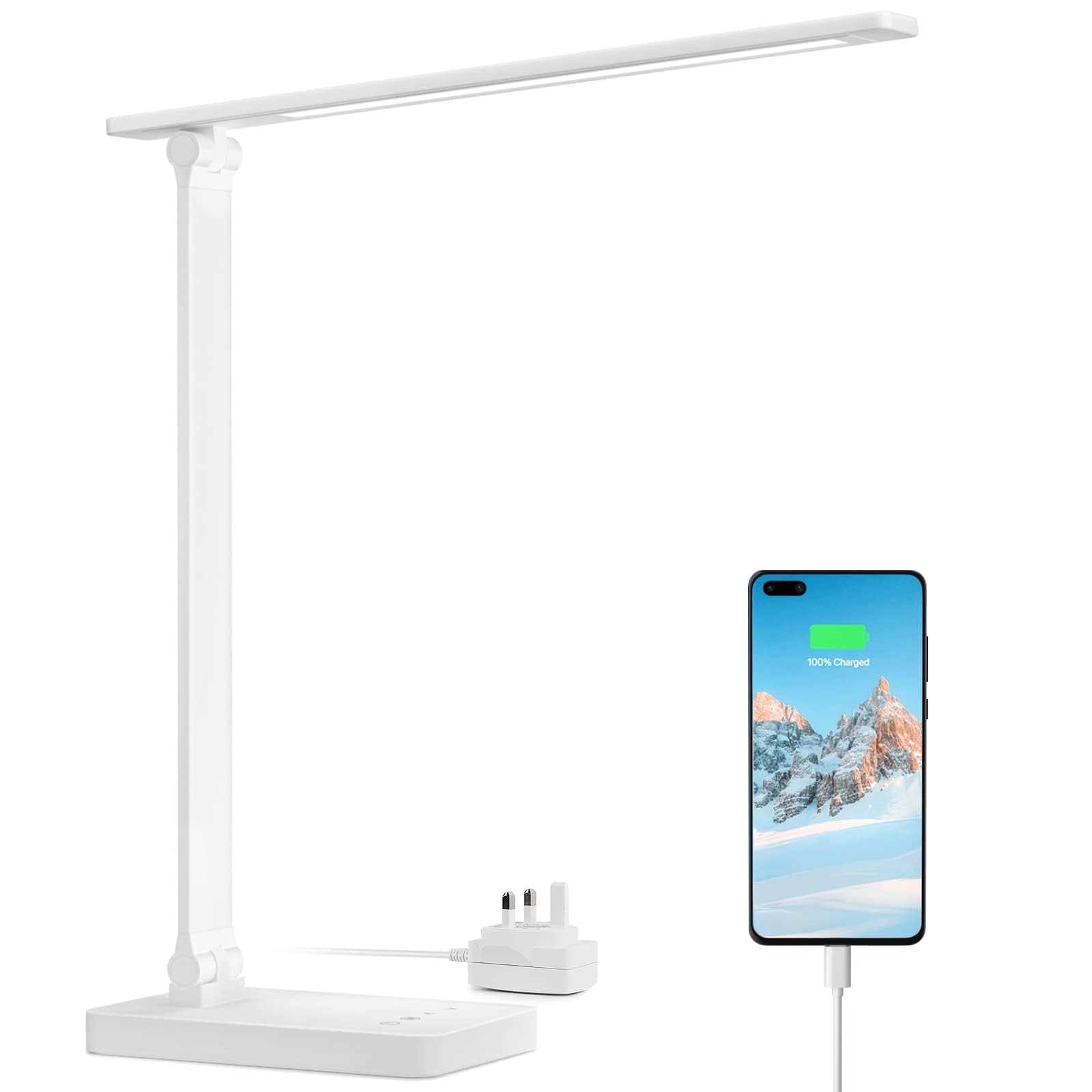 LeproLED Desk Lamp with USB Charging Port, Dimmable Daylight Lamp, 5 Brightness Levels x 3 Colour Modes, Touch Control Eye Caring Table Lamp for Office, Bedside, Reading, Crafts, Nails and More