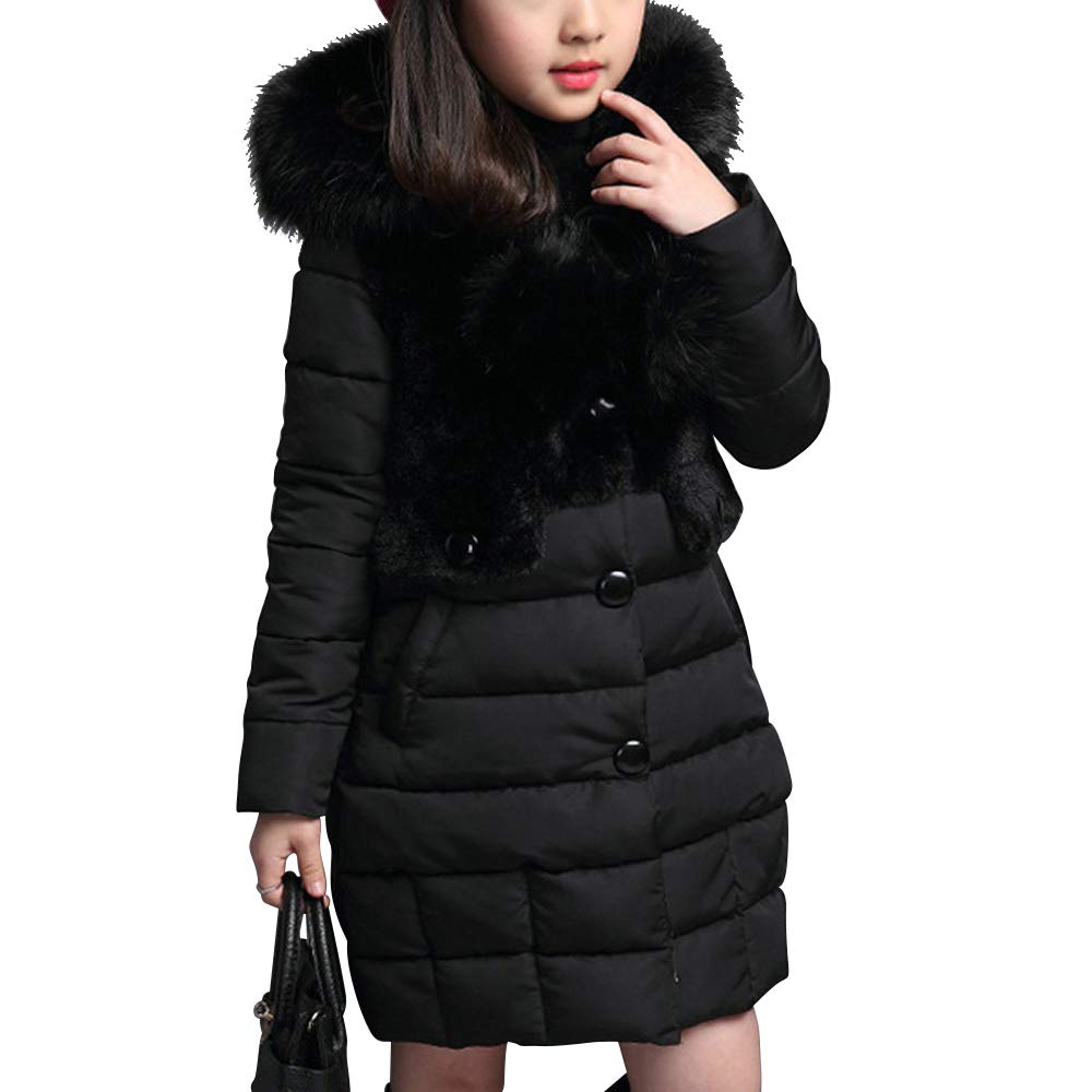 Girls Winter Warm Coats Hooded Faux Fur Fleece Jacket Single-breasted Overcoats Outwear with Hood