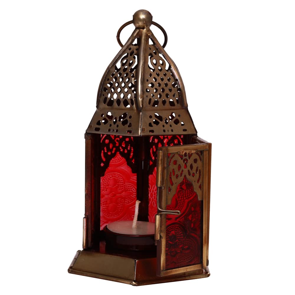 HilalFul Handmade Decorative Candle Holder Vintage Lantern, 15 cm | Red | Living Room, Bedroom & Outdoor | Home Decoration, Hanging, Table Top | Ramadan, Eid, Diwali, Weddings, Parties | Iron