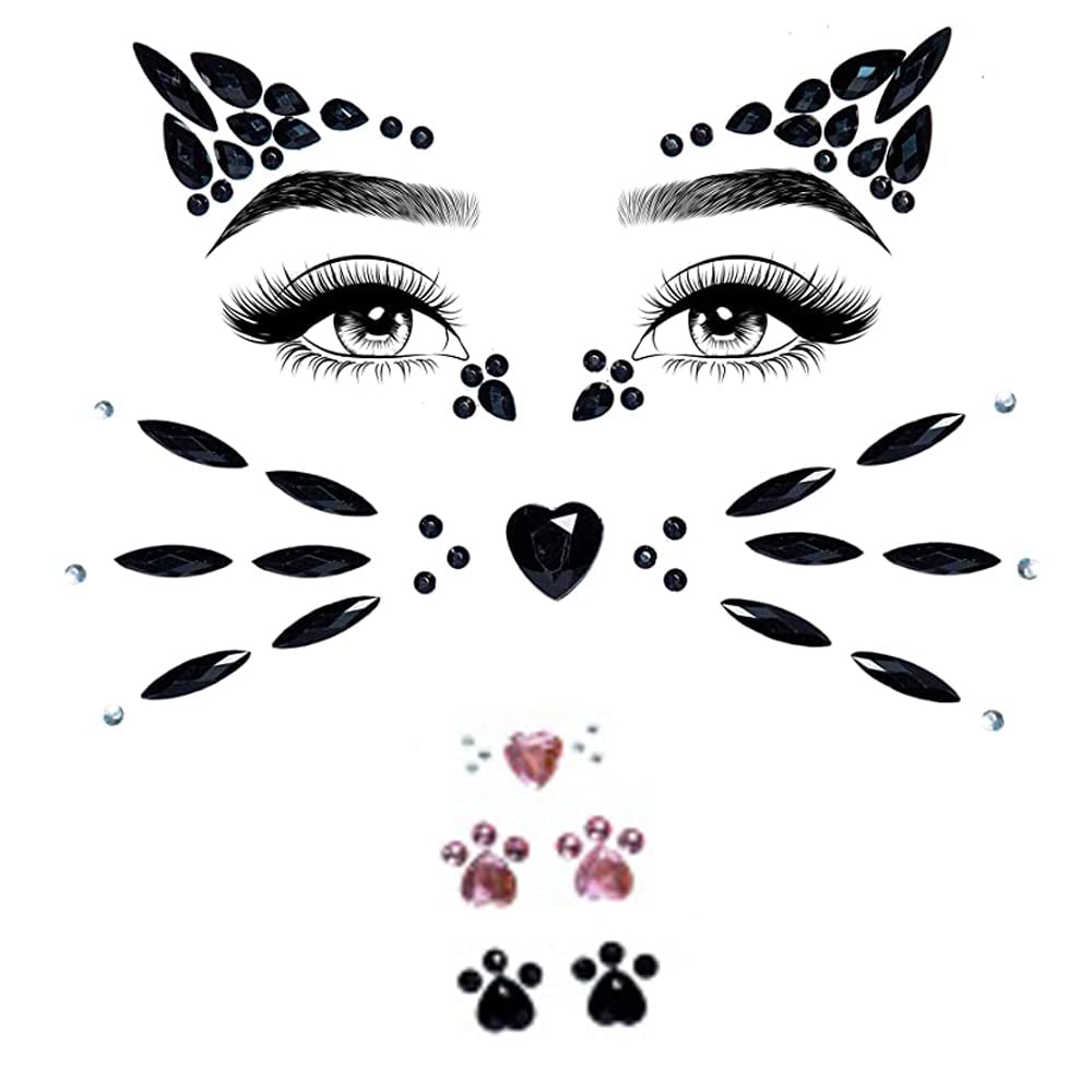 Crystal Cat Face Gems, Pink Cat Print Jewels, Black Face Jewels, Fake Cat Lash Gems Tattoo Stick on Eye for Men Women Kids Halloween Prank Makeup Costume