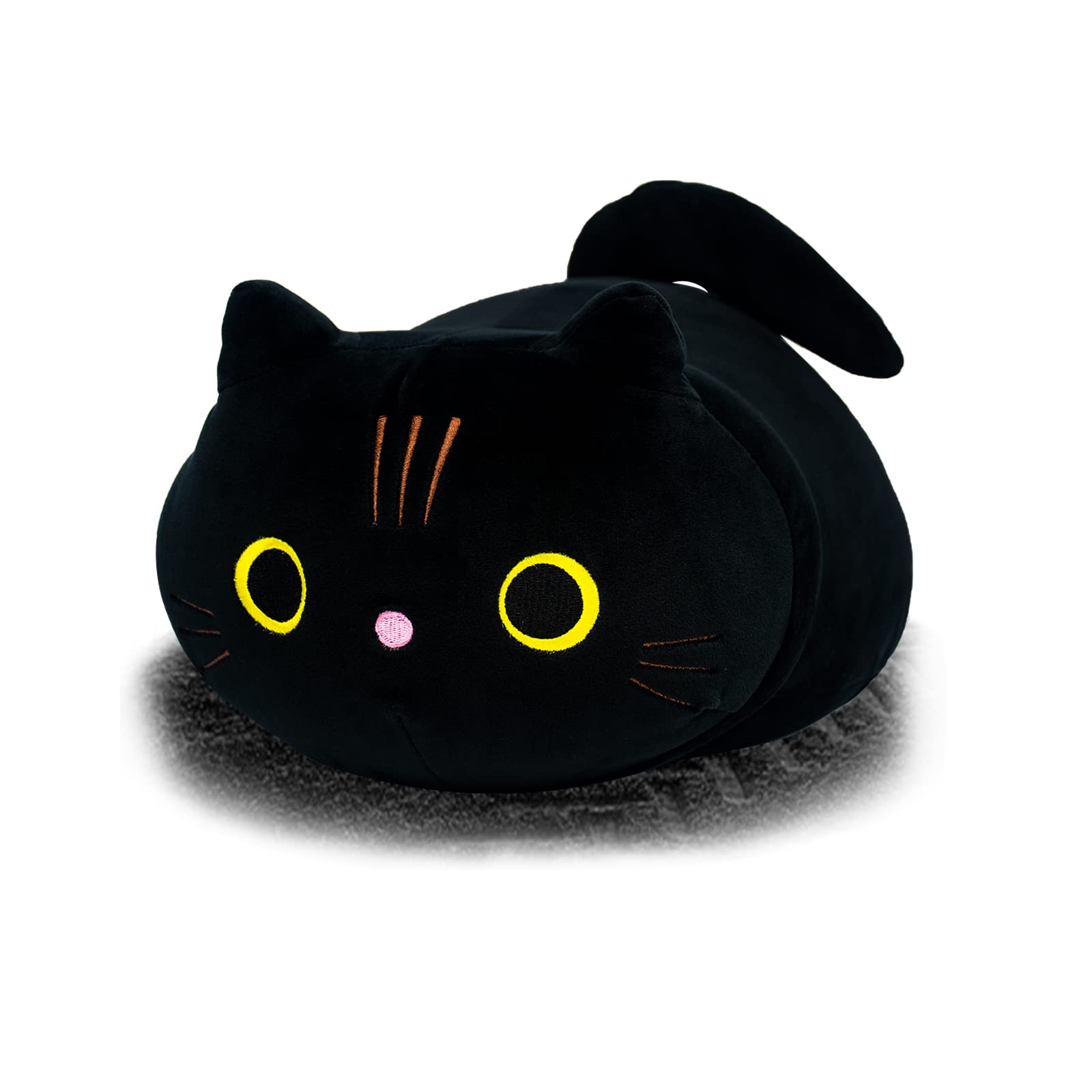 Black Cat Plush Pillow, Cat Stuffed Animal Plushies Lumbar Back Cushion, Cute Round Eyes Kitten Plush Doll Toy for Kids Home Decor Gift Boys Girls Birthday Valentines Christmas (13.8inch)