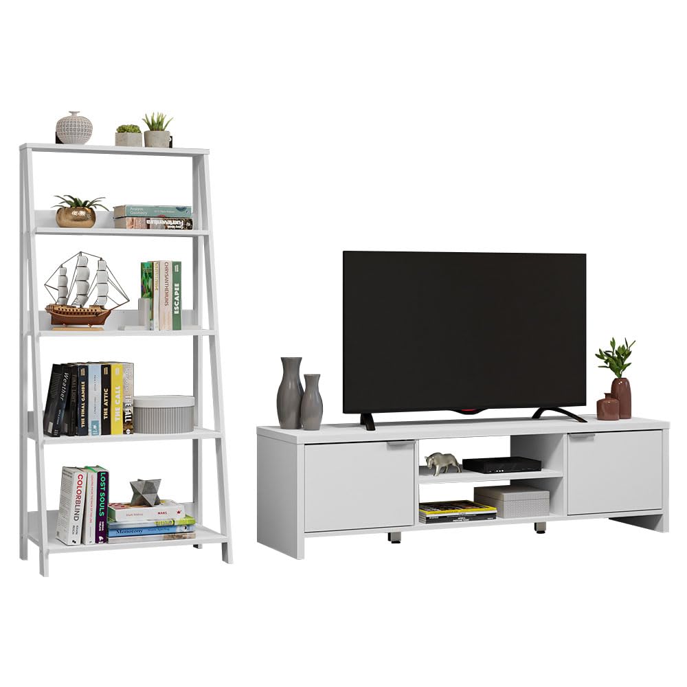 MadesaTV Stand with Storage 65" + Ladder Shelf Standing Bookcase - White