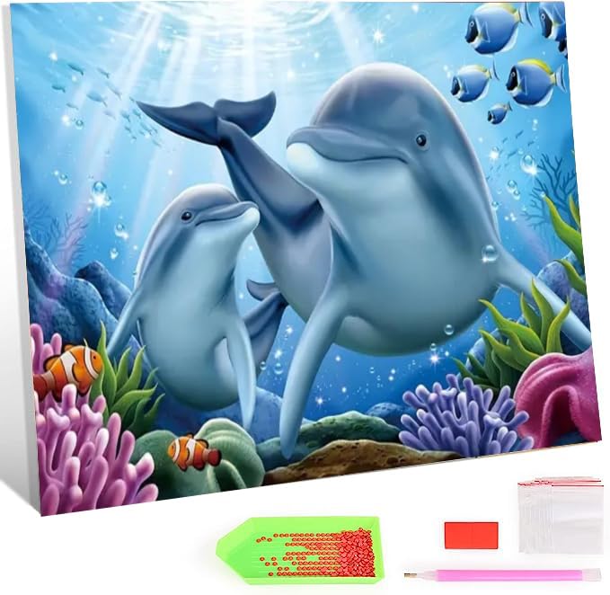 5D DIY Diamond Painting Kits for Adults-Underwater Dolphin Full Round Drill Sea Animal Scenery Diamond Art Kits -Diamond Crystal Gem Arts Painting Craft for Home Wall Decor