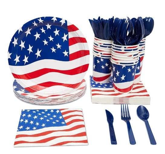 USA Themed/4th of July Decoration Party Tableware kit - 94 pieces! Disposable plates, cups, napkins, cutlery, straws and tablecloth