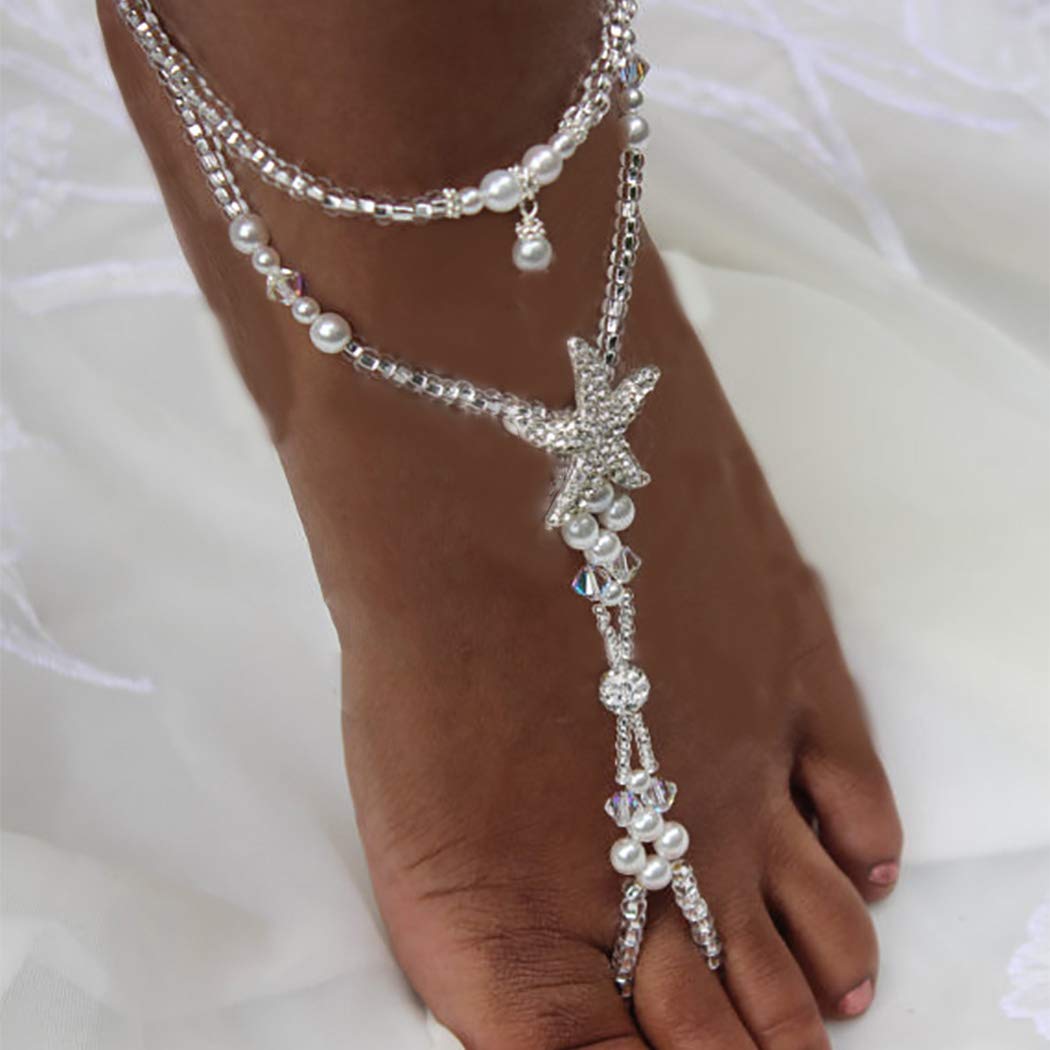 WoeoeBoho Crystal Anklet White Starfish Ankle Chains Beach Pearl Barefoot Sandals Ankle Bracelet Summer Foot Chain Jewelry for Women and Girls