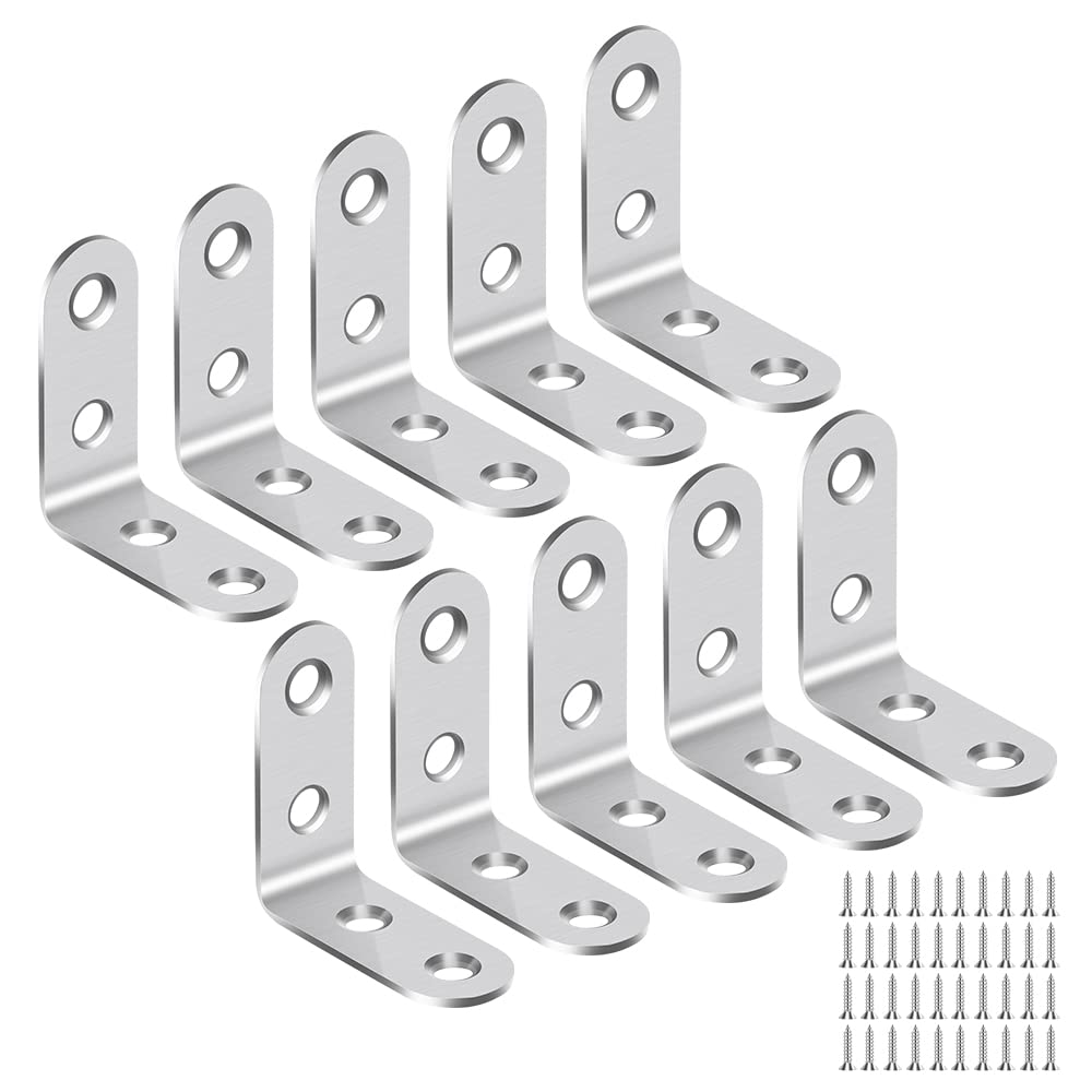 GAOHUI 10pcs Corner Brackets for Wood 40mmx40mmx2mm Stainless L Shaped Bracket 90 Degree Bracket Plate Metal Angle Brackets，for Shelves, Furniture, Wood, with Screws