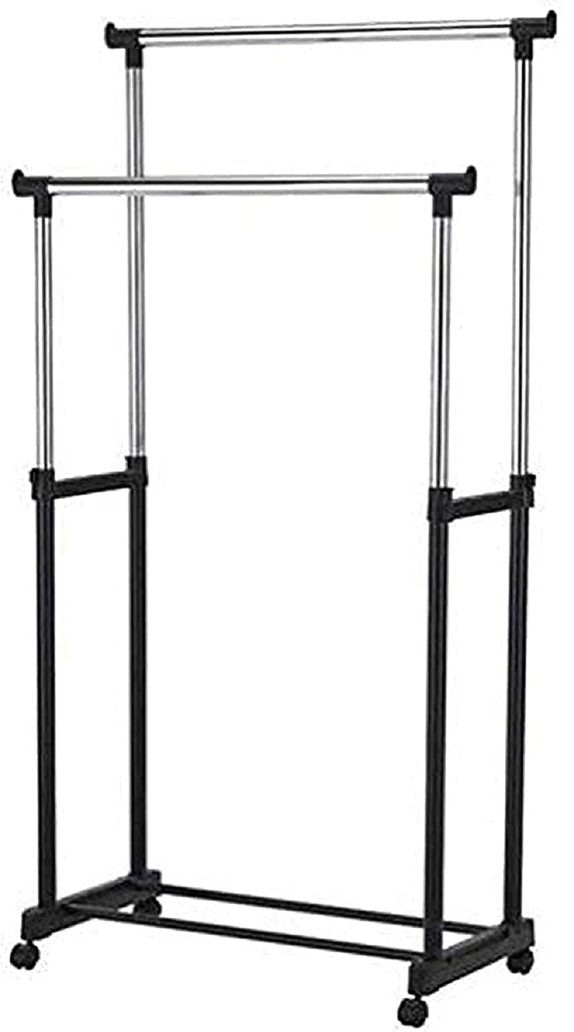 AJB Stainless Steel Double Pole Rail Telescopic Movable Portable Adjustable Clothes Garment Hanging Rack Stand Clothes Rack Fordable Garments Hanging Stand Laundry Drying Rack Hanger with Wheels