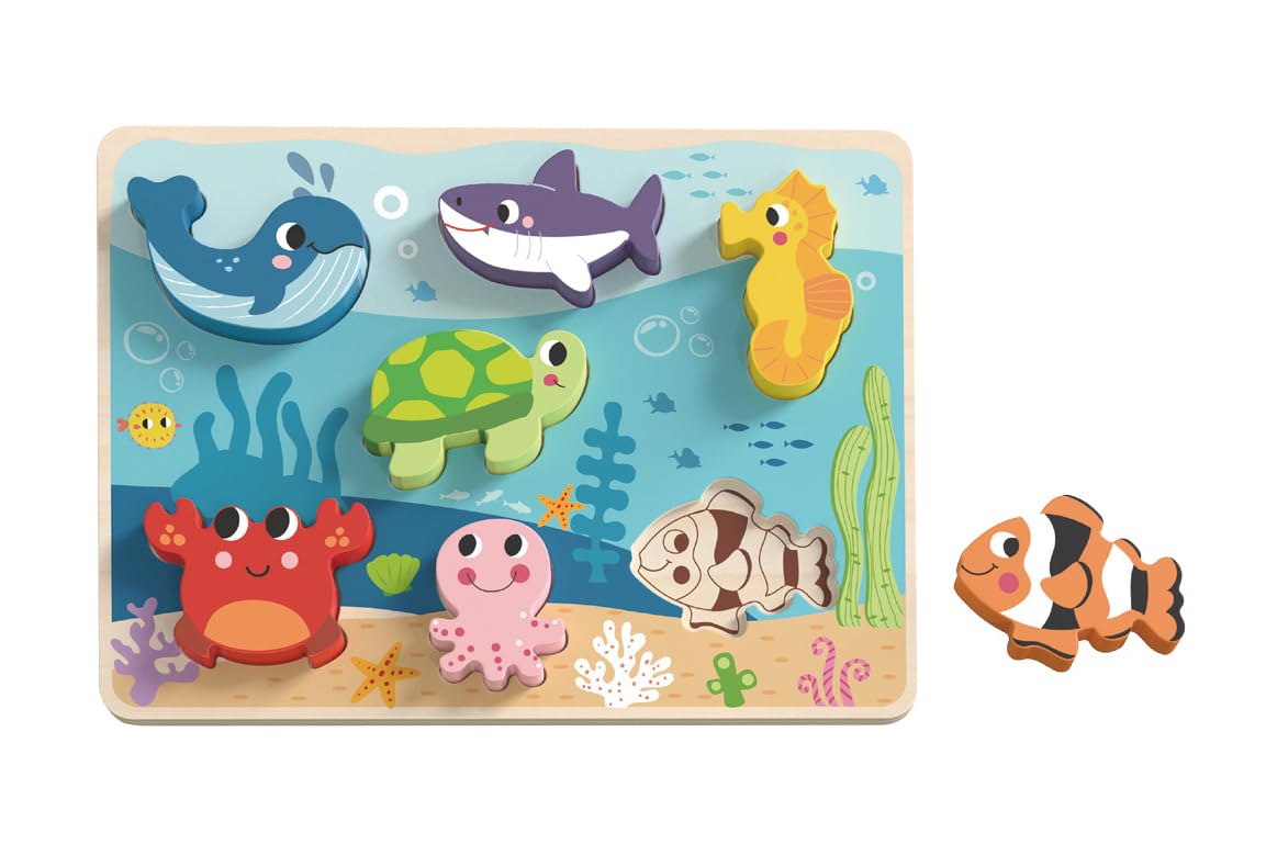 Tooky ToyWooden Sea Animals Jigsaw Puzzle with Different Layers, Chunky Preschool Toy 8 Pieces, Didactic