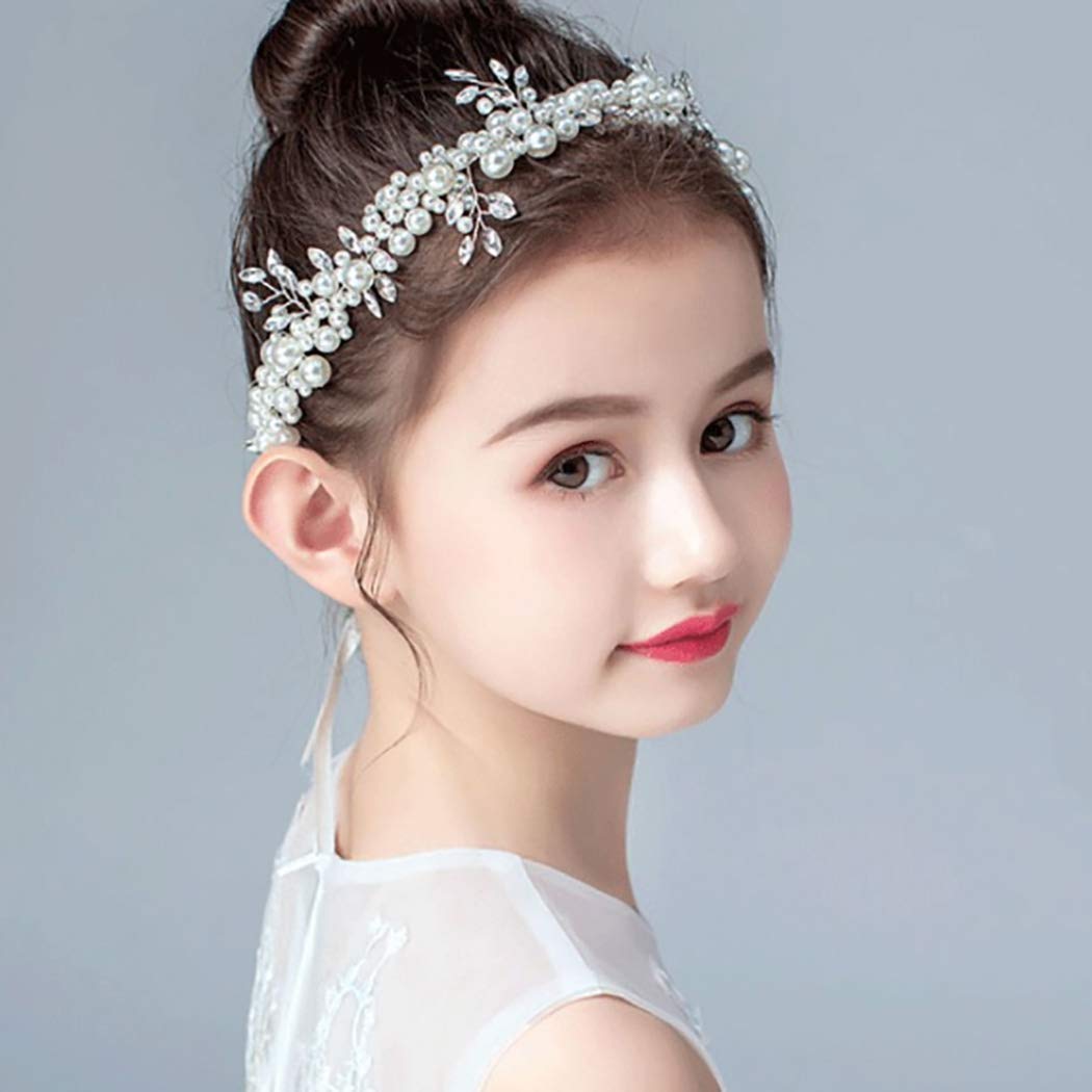 Woeoe Crystal Wedding Headpiece Princess Silver Pearl Rhinestone Bridal Hair Vine Flower Beauty Hair Piece First Communion Hair Accessories for Girls and Children