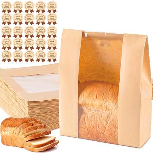 Paper Bread Bags 25PCS, Sourdough Bread Bags for Homemade Bread, Large Bakery Bags with Window Includes 25PCS Label Seal Stickers for Homemade Bread Storage(13.7x8.3x3.5 inch)