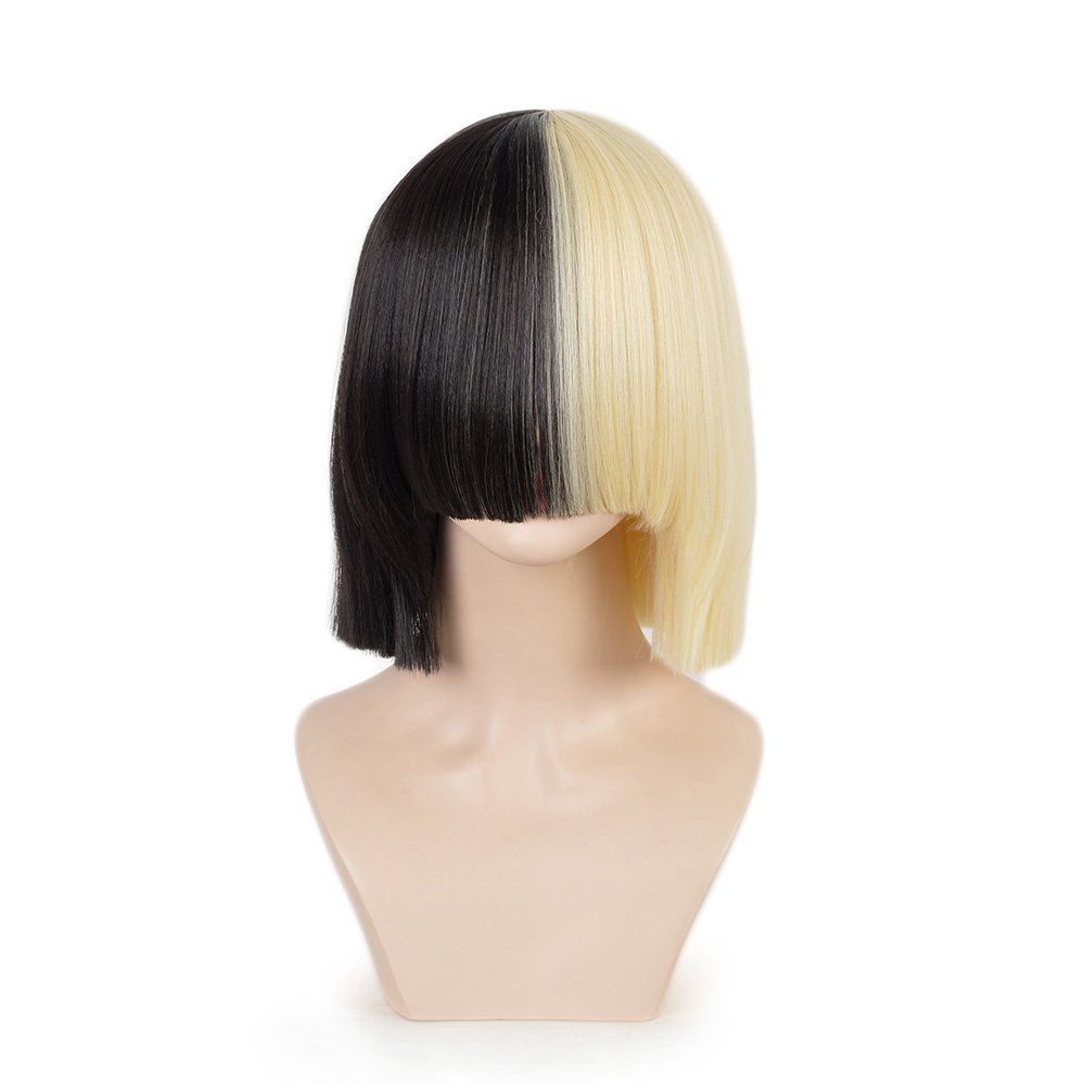 Half Blonde Black 2 Tone Short Straight Bob Wig Synthetic Full Wigs Should Length Cosplay Wigs with Bangs for Women Girls