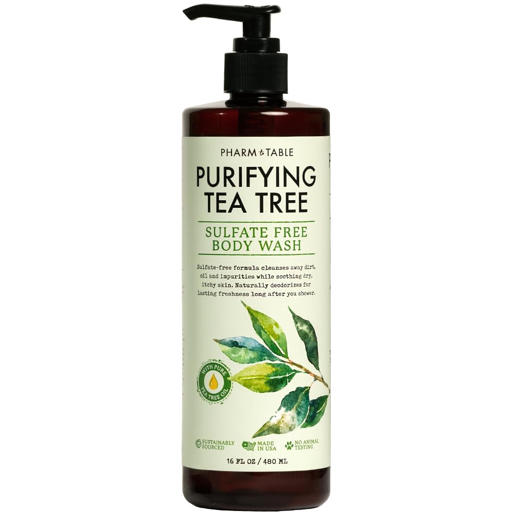 PHARM TO TABLE Soothing Tea Tree Body Wash Sulfate-Free Shower Gel – Nourishing Hydration Soothes Dry, Itchy Skin - Infused with Tea Tree oil, Mint, Vitamin E & Aloe, 16.2oz