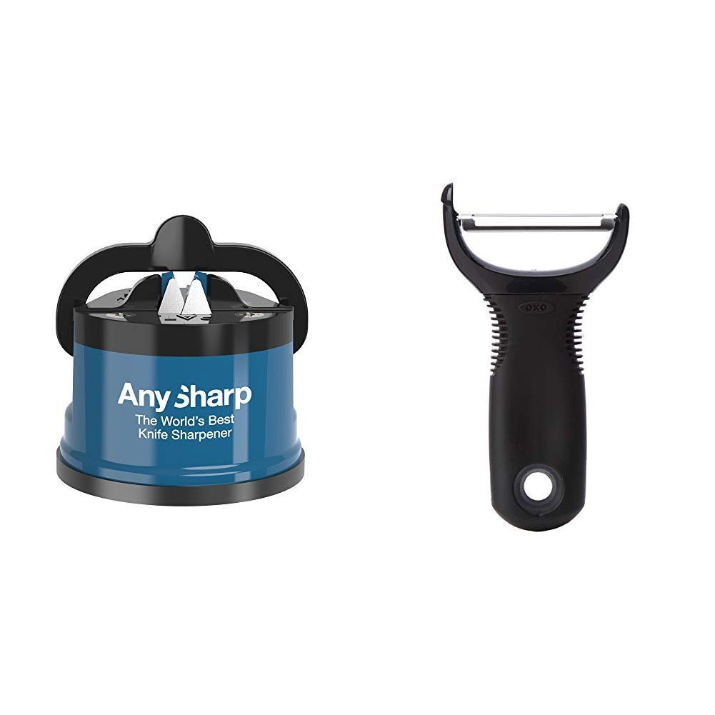 AnySharp Knife Sharpener with PowerGrip, Blue & OXO Good Grips Y Peeler