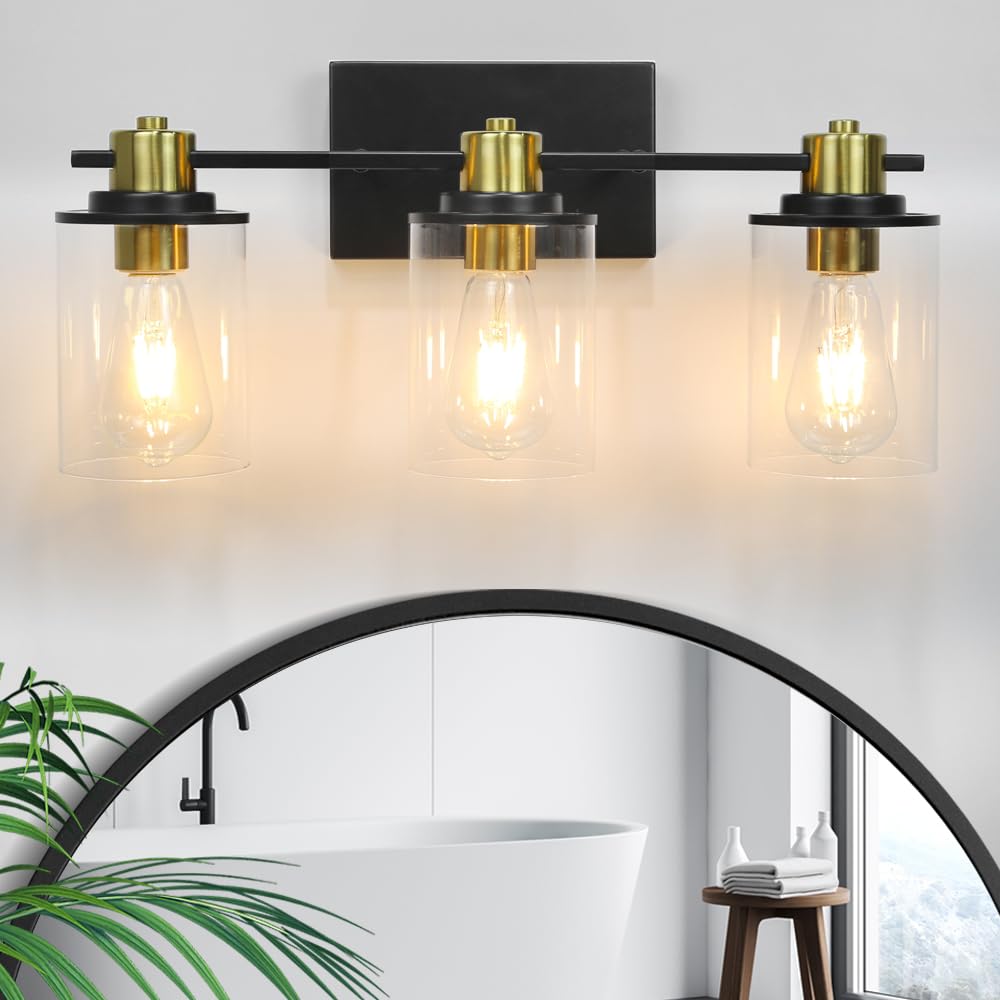 CANMEIJIA3-Light Bathroom Light Fixtures Over Mirror, Black and Gold Bathroom Vanity Lights, Modern Wall Sconces Lighting with Clear Glass Shade, E26 Base, Bulbs Not Included