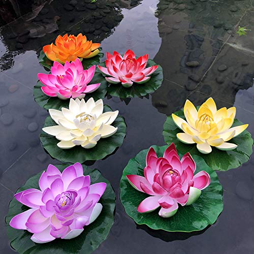 Ryme Assorted Colour Big Lotus Artificial Floating Flower for Water Bowl (7 Inches) (Pack of 7)