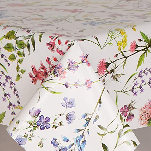 HOME-EXPRESSIONS® Fabulous Flowers Classic Botanical Flowers on a White Ground with Pink, Lavender and Green Flowers, Pvc Wipe Clean Vinyl Table Cloth Textile Backing (100cm x 140cm Rectangle)