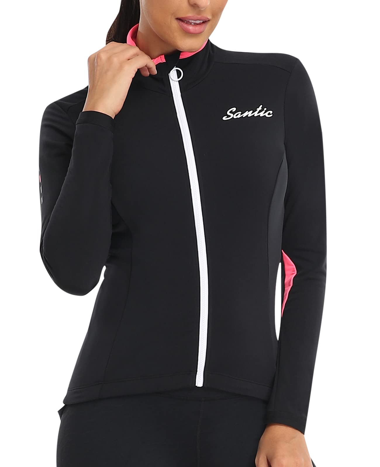 SanticWomen Cycling Jackets Cycle Tops Running Jackets Ladies Thermal Warm Fleece Slim-Fit Sports Bike Zip Pockets Black