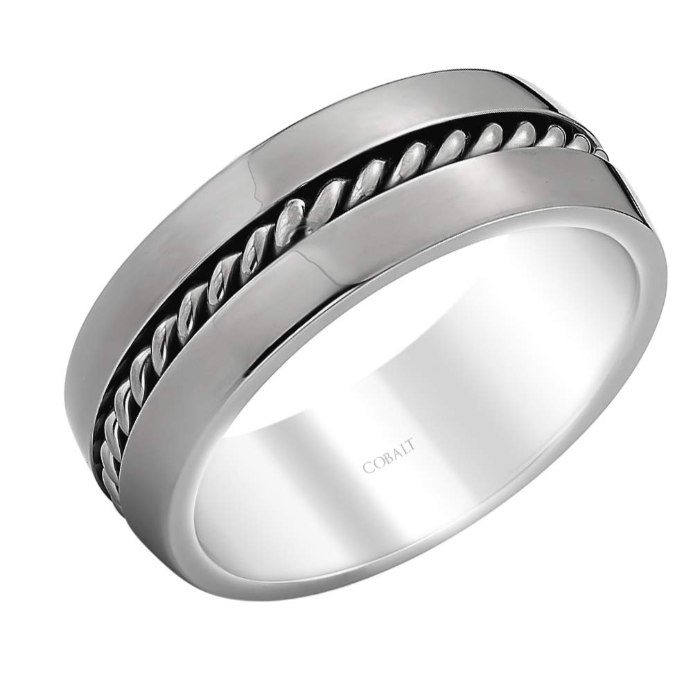 Men's Polished Low-Dome Cobalt Wedding Band Twisted Rope Center Channel