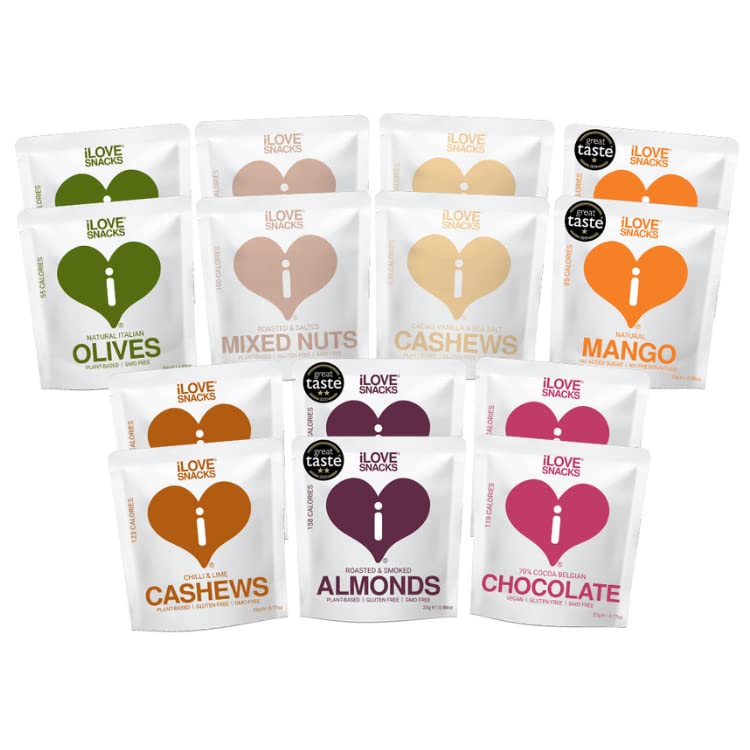 iLOVE SNACKS Variety Pack - 14 snacks: Roasted & Smoked Almonds, Mixed Nuts, Natural Mango, Natural Italian Olives, Chilli & Lime Cashews, Cacao Vanilla & Sea Salt Cashews, Belgian Chocolate