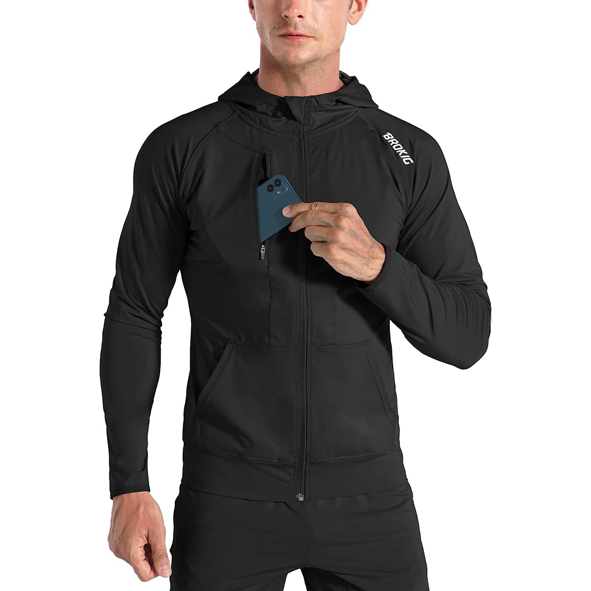 BROKIGMens WindBreak Lightweight Workout Hoodie,Running Athletic Gym Hooded Sweatshirts for Men